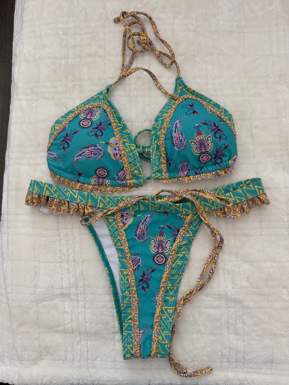 Source Unknown Teal & Yellow Paisley Triangle Bikini